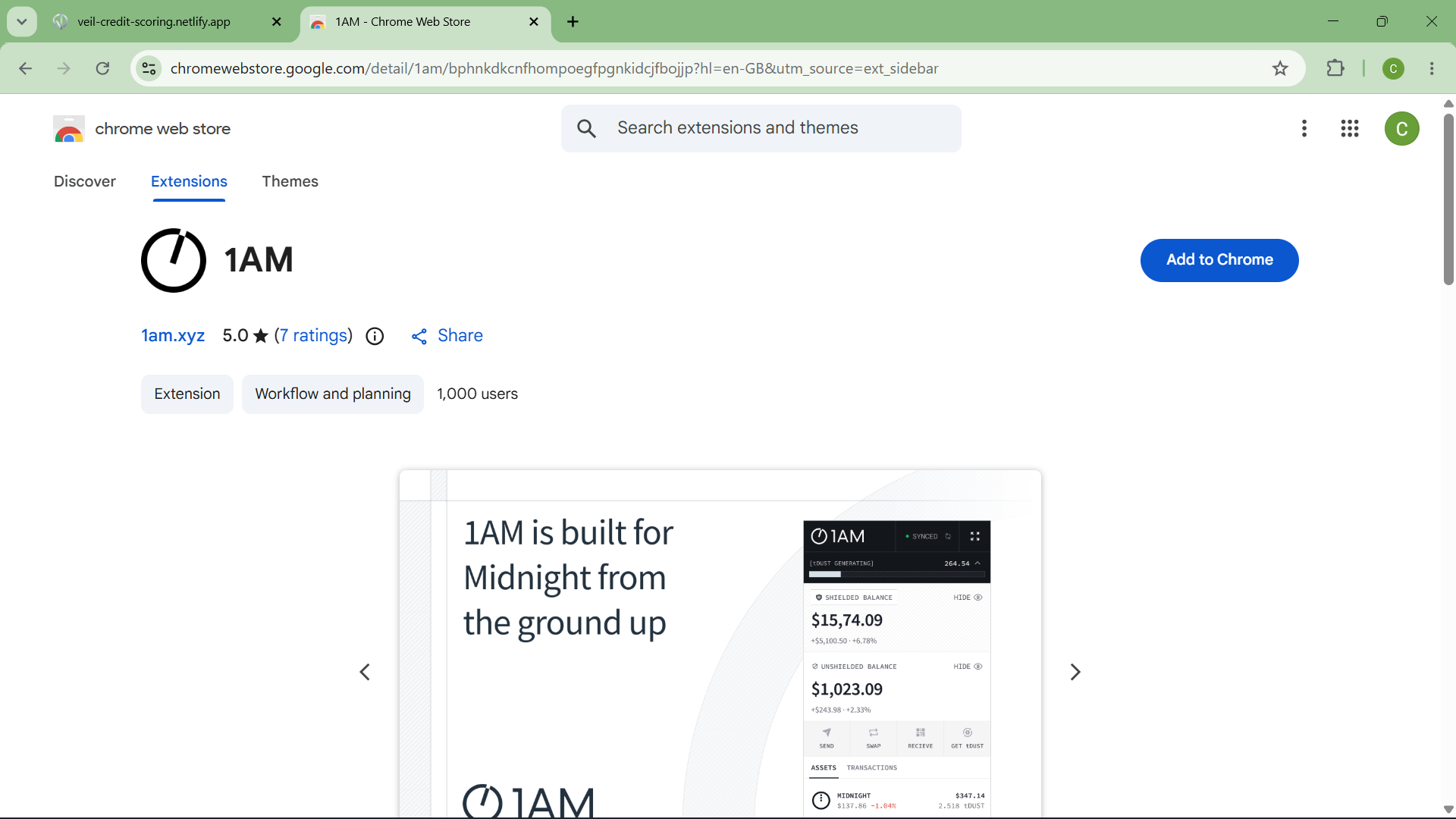 1AM Wallet Chrome Web Store detail page